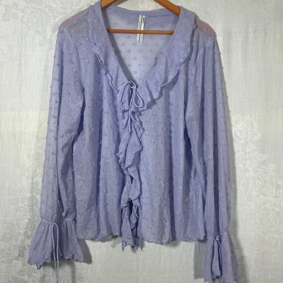 By Anthropologie Peasant Top XL Purple Sheer Tie Front Ruffle - Picture 1 of 10